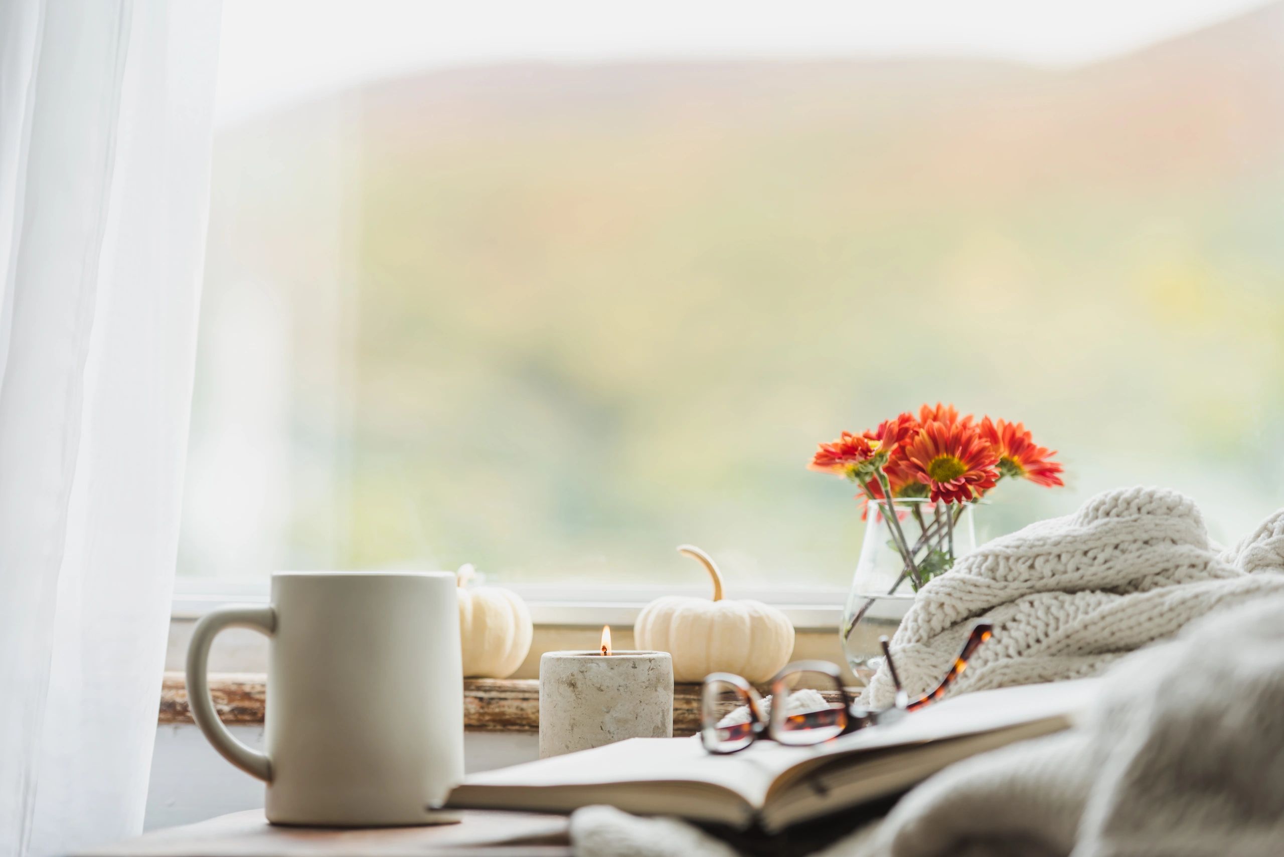 Cozy reading nook with blanket and coffee