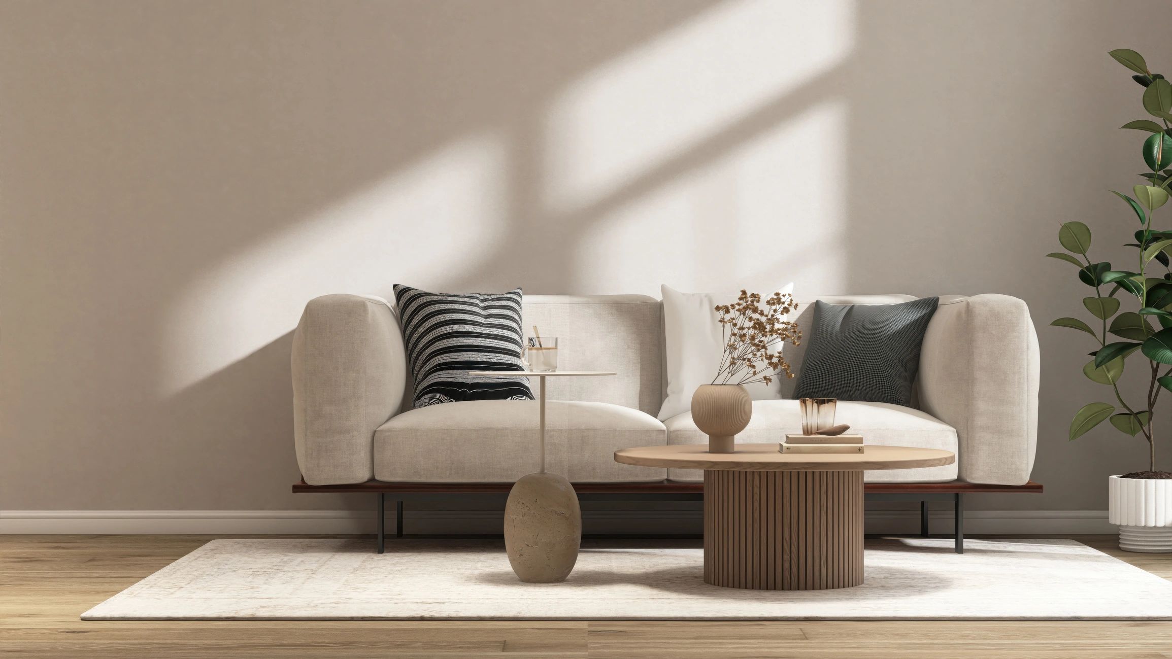 Minimal living room with warm sunlight
